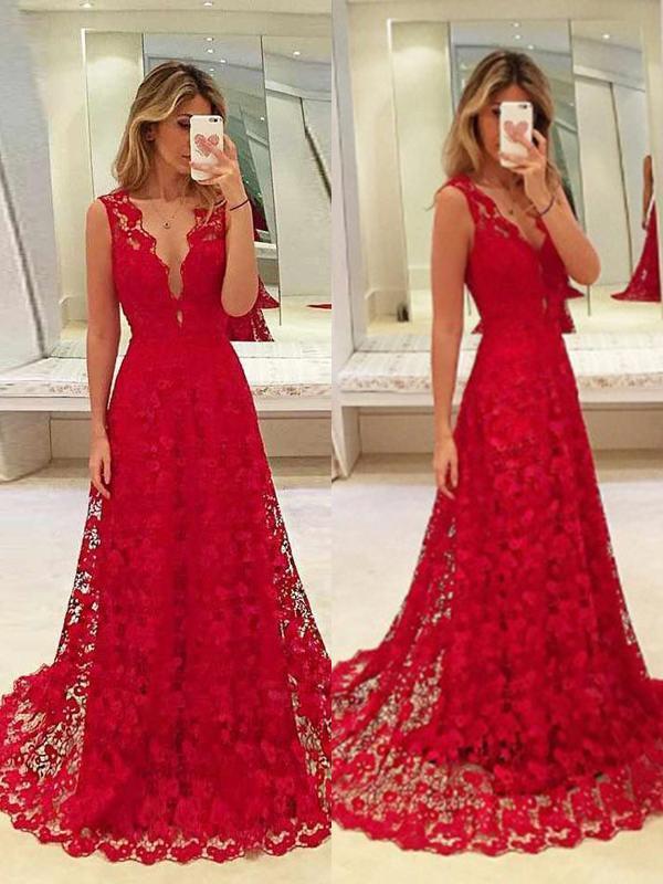 Seindeal Red Crochet Lace V-Neck Sleeveless Train Elegant Maxi Dress Evening Dress Ball Gown