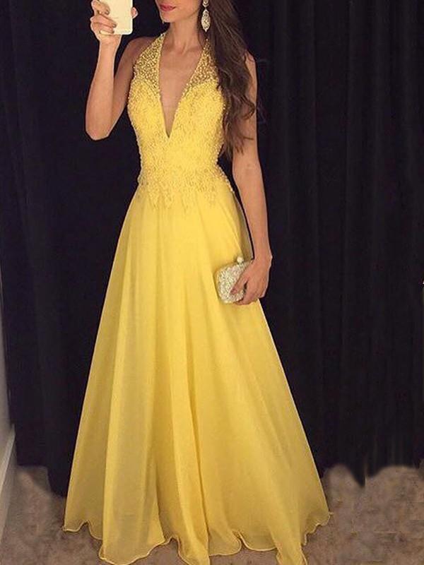 Seindeal Yellow Sequins Glitter Deep V Neck Halter Sleeveless Maxi Dress Evening Dress Ball Gown