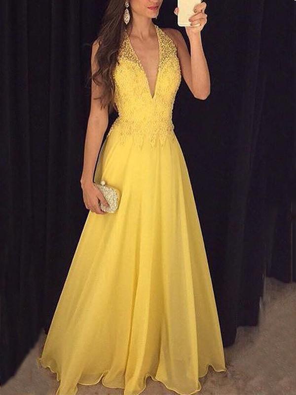 Seindeal Yellow Sequins Glitter Deep V Neck Halter Sleeveless Maxi Dress Evening Dress Ball Gown