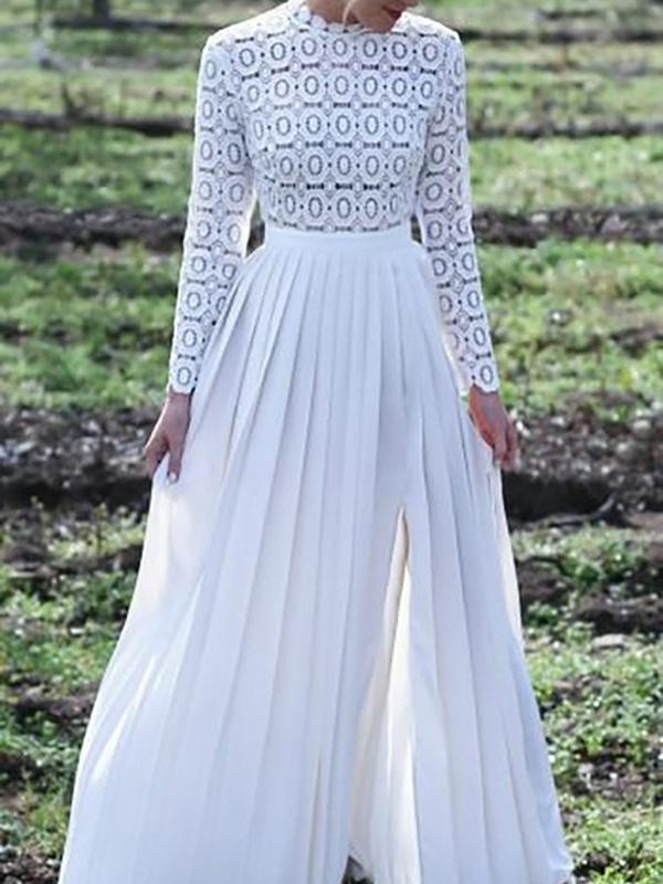 White Splicing Lace Side Slit Pleated Long Sleeve Elegant Maxi Dress Evening Dress Ball Gown