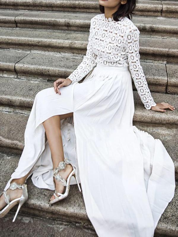 White Splicing Lace Side Slit Pleated Long Sleeve Elegant Maxi Dress Evening Dress Ball Gown