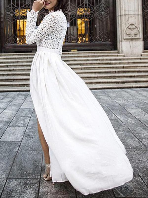 White Splicing Lace Side Slit Pleated Long Sleeve Elegant Maxi Dress Evening Dress Ball Gown