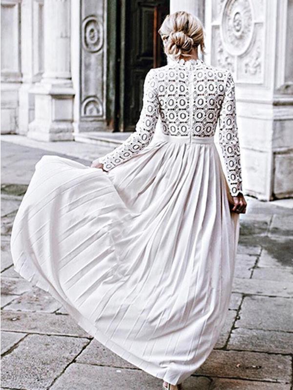 White Splicing Lace Side Slit Pleated Long Sleeve Elegant Maxi Dress Evening Dress Ball Gown