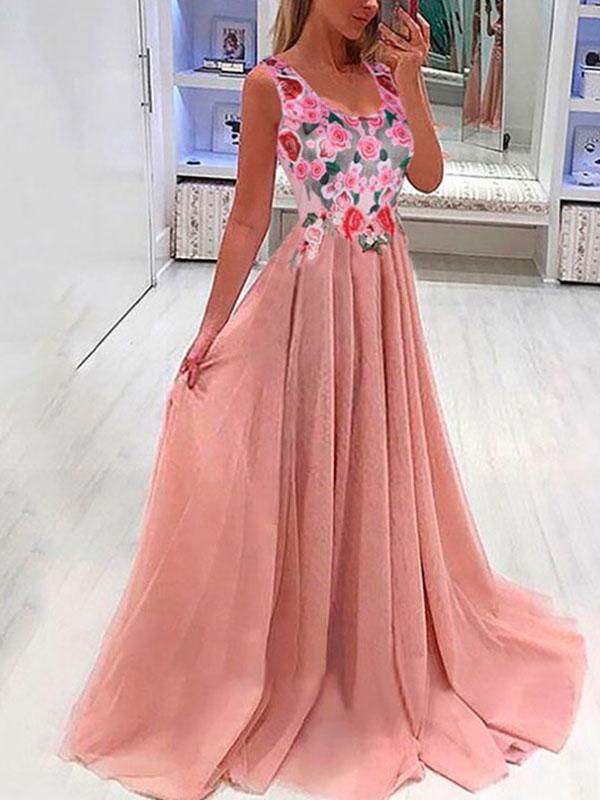 Floral Pleated V-Neck Sleeveless Women's Maxi Dresses Elegant Dress Evening Dress