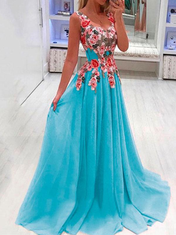 Floral Pleated V-Neck Sleeveless Women's Maxi Dresses Elegant Dress Evening Dress