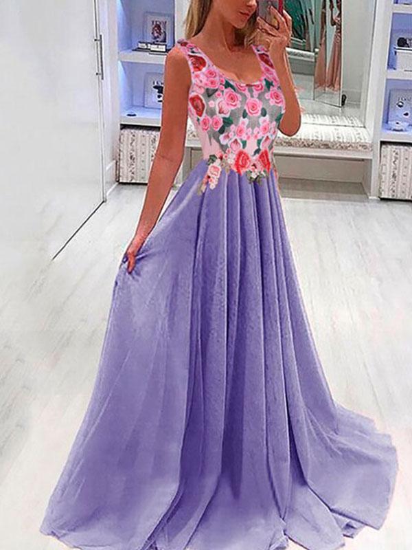 Floral Pleated V-Neck Sleeveless Women's Maxi Dresses Elegant Dress Evening Dress