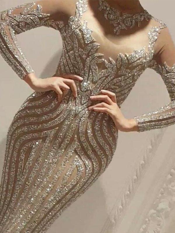 Patchwork glitter mullet sequins round neck long sleeve maxi dresses women evening dress