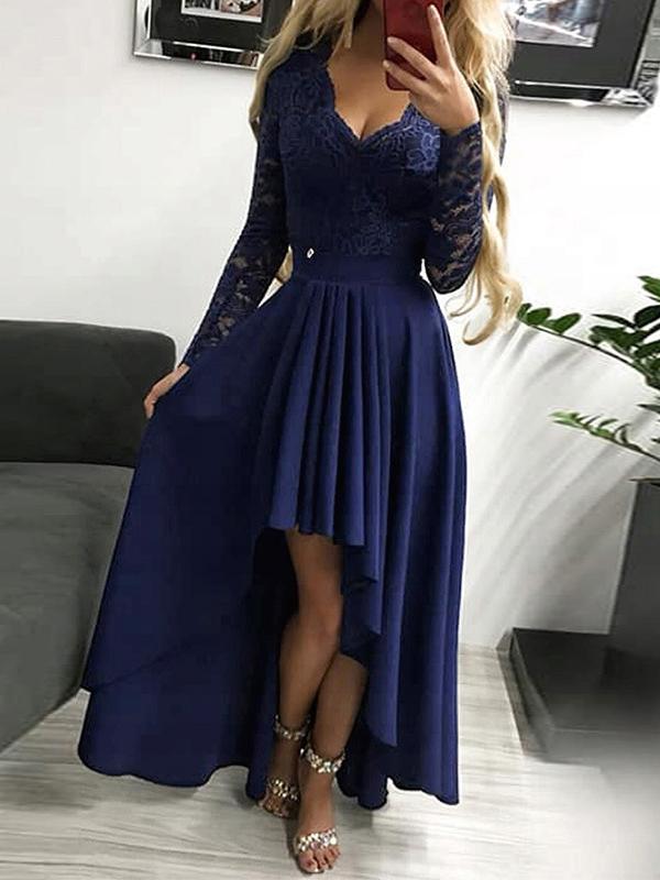 Patchwork Lace Mullet Backless V-Neck Long Sleeve Women Maxi Dresses Elegant Dress Evening Dress