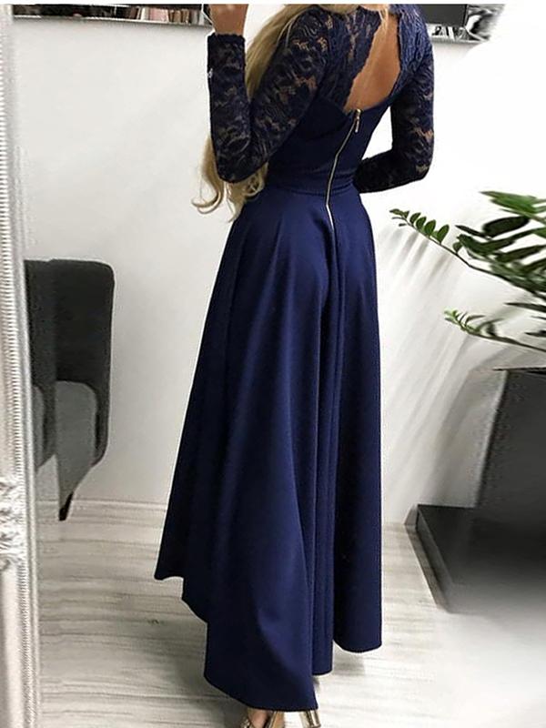 Patchwork Lace Mullet Backless V-Neck Long Sleeve Women Maxi Dresses Elegant Dress Evening Dress