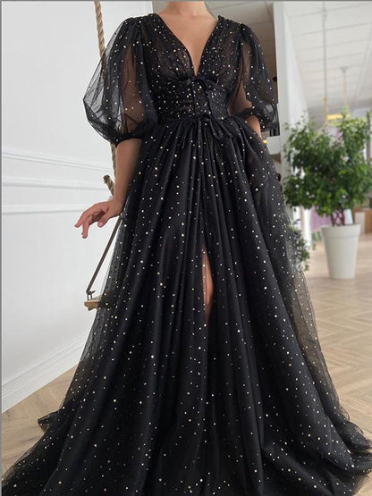 Mesh Sequin Draped V Neck Short Sleeve Women Maxi Dresses Sequin Dress Evening Dress