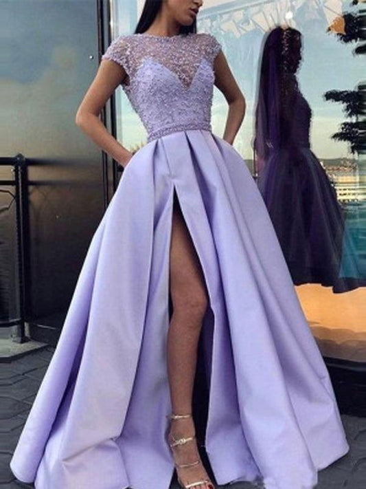 Purple Patchwork Lace Slit Round Neck Sleeveless Women Maxi Dresses Elegant Dress Evening Dress Ball Gown