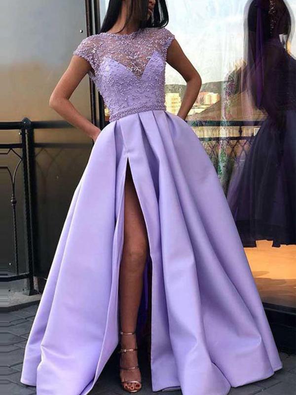 Purple Patchwork Lace Slit Round Neck Sleeveless Women Maxi Dresses Elegant Dress Evening Dress Ball Gown