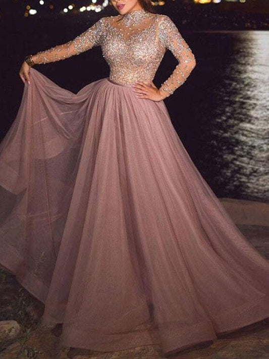 Pink Solid Color Sequins Glitter High Stand Collar Long Sleeve Women's Ball Gown