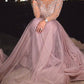 Pink Solid Color Sequins Glitter High Stand Collar Long Sleeve Women's Ball Gown