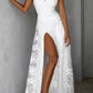 White Lace Side Slit V Neck Spaghetti Straps Women Maxi Dresses Lace Dress Evening Dress