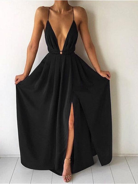 Side Slit Backless Deep V-Neck Spaghetti Straps Women Maxi Dresses Party Dress Ball Gown