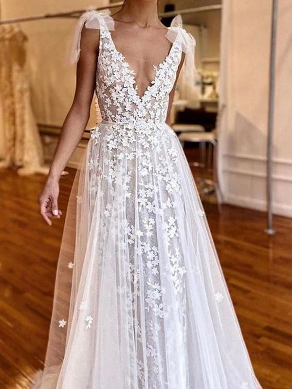 White Lace Mesh Bow Backless V Neck Sleeveless Women Maxi Dresses Tulle Dress Wedding Dress