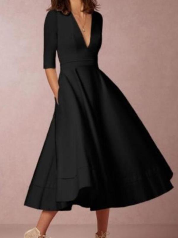 Solid Color Deep V-Neck Half-Length A-Line Beautiful Maxi Dresses Women Elegant Dress