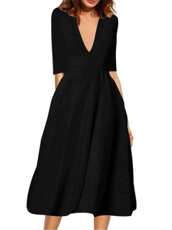 Solid Color Deep V-Neck Half-Length A-Line Beautiful Maxi Dresses Women Elegant Dress