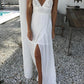 Lace Lacing Side Slit Backless Deep V-Neck Spaghetti Straps A-Line Maxi Dress Women's Fashion Beach Dress