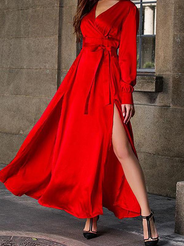 Seindeal Side Slit Deep V-Neck Long Sleeve A-Line Maxi Dresses Women Elegant Dress for Wedding