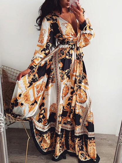 Floral Print Side Slit Deep V-Neck Long Sleeve A-Line Maxi Dresses Women Fashion Elegant Dress