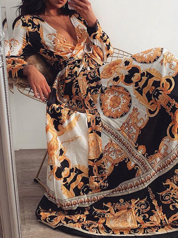 Floral Print Side Slit Deep V-Neck Long Sleeve A-Line Maxi Dresses Women Fashion Elegant Dress