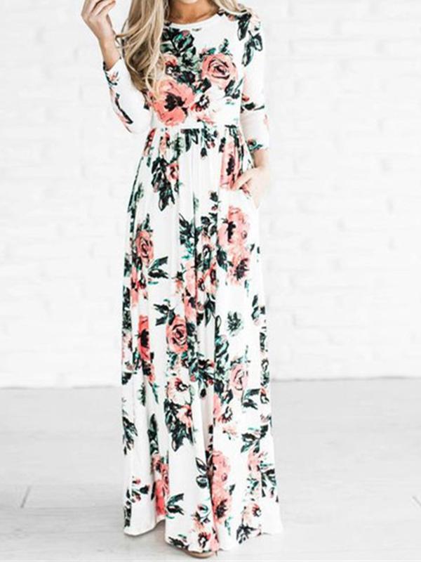 Floral Pockets Round Neck Long Sleeve Women Maxi Dresses Casual Dress