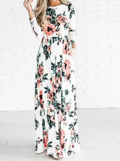 Floral Pockets Round Neck Long Sleeve Women Maxi Dresses Casual Dress