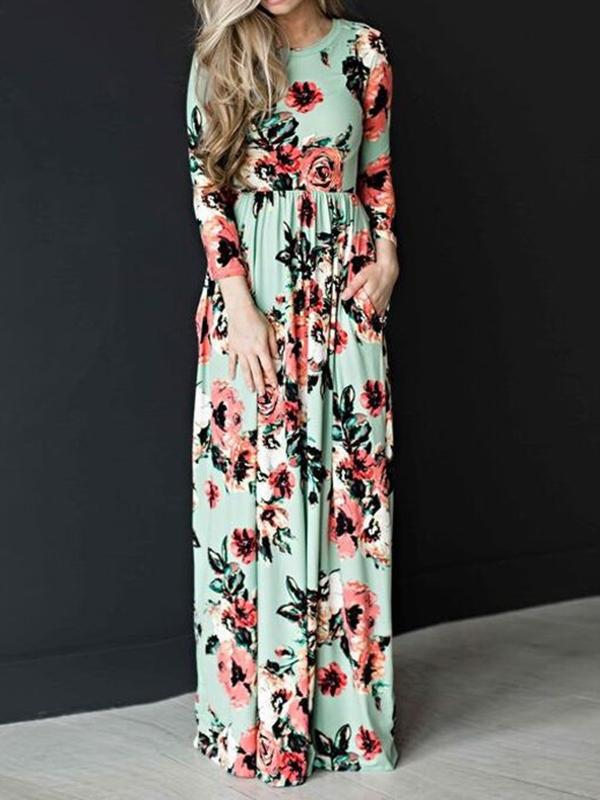 Floral Pockets Round Neck Long Sleeve Women Maxi Dresses Casual Dress