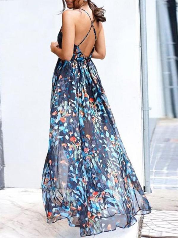 Floral Lacing Back V-Neck Spaghetti Straps Maxi Dresses Women Fashion Elegant Dress Cocktail Dress