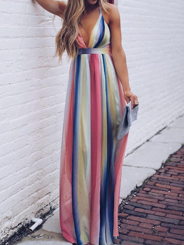 Colorful V-Neck Spaghetti Straps Maxi Dresses Women Fashion Elegant Dress