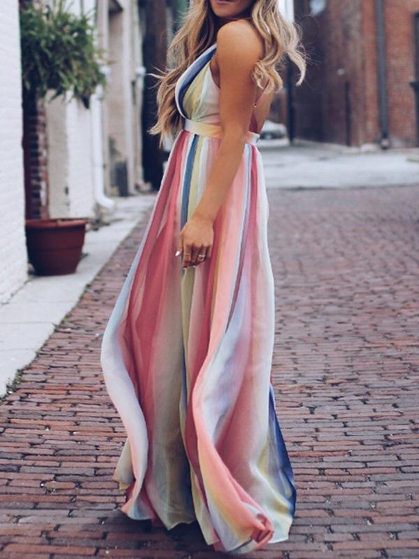 Colorful V-Neck Spaghetti Straps Maxi Dresses Women Fashion Elegant Dress