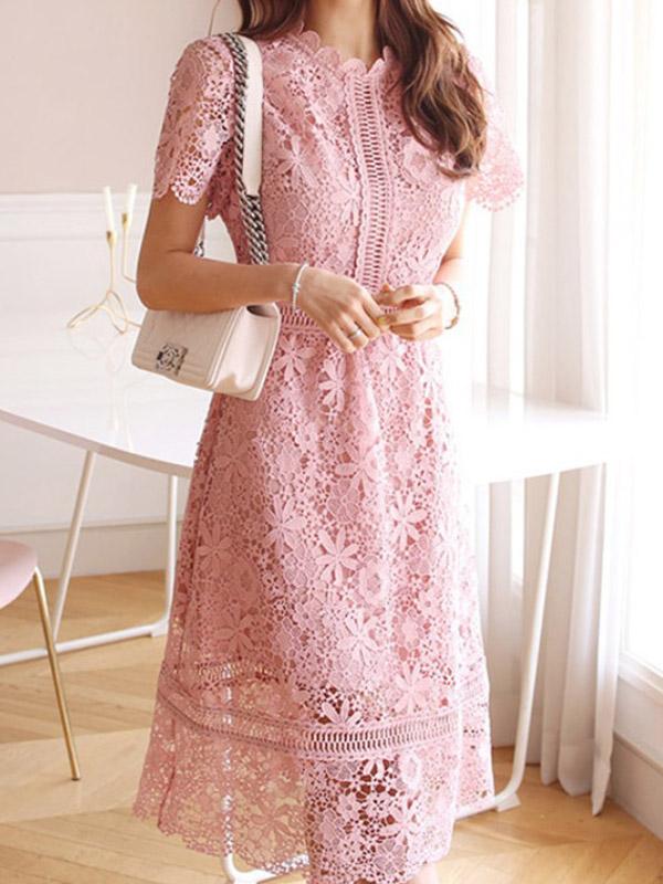 Lace ruffle round neck short sleeve women midi dresses lace dress cocktail dress