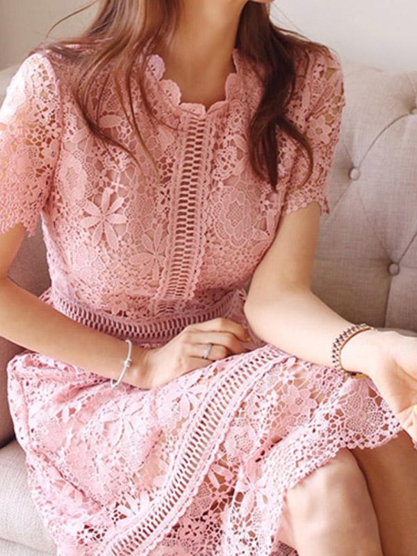 Lace ruffle round neck short sleeve women midi dresses lace dress cocktail dress