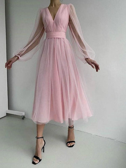 Mesh Draped V Neck Long Sleeve Women Midi Dresses Tulle Dress Evening Dress