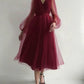 Mesh Draped V Neck Long Sleeve Women Midi Dresses Tulle Dress Evening Dress