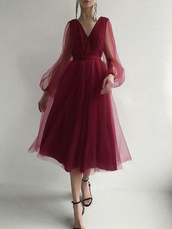 Mesh Draped V Neck Long Sleeve Women Midi Dresses Tulle Dress Evening Dress