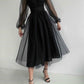 Mesh Draped V Neck Long Sleeve Women Midi Dresses Tulle Dress Evening Dress