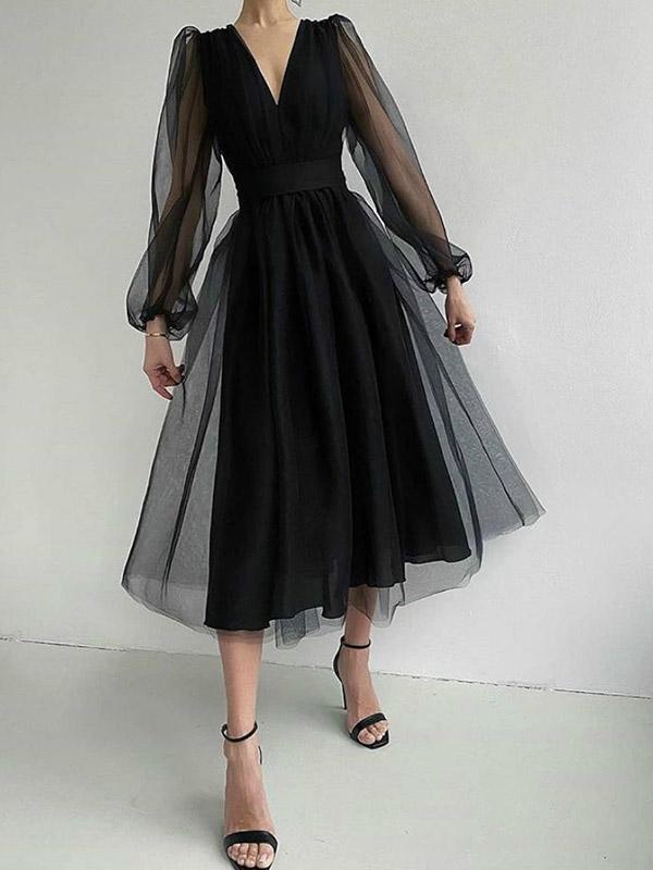 Mesh Draped V Neck Long Sleeve Women Midi Dresses Tulle Dress Evening Dress