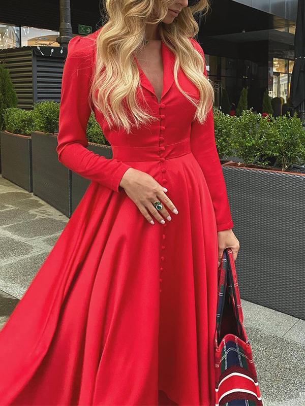 Single Breasted Irregular V-Neck Long Sleeve A-Line Midi Dresses Women Fashion Casual Dress