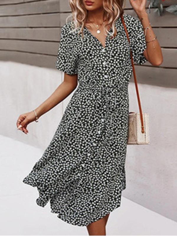 Floral Print Buttons Belt V-Neck Short Sleeve Midi Dresses Women's Summer Dress