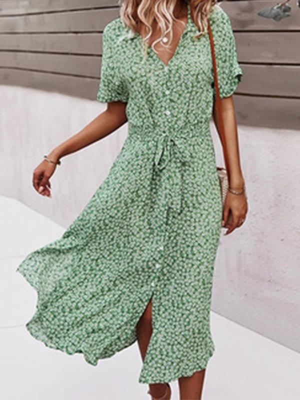 Floral Print Buttons Belt V-Neck Short Sleeve Midi Dresses Women's Summer Dress