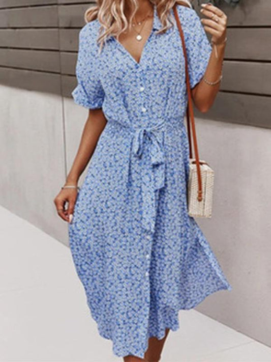 Floral Print Buttons Belt V-Neck Short Sleeve Midi Dresses Women's Summer Dress