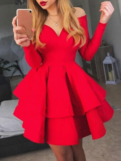 Solid Color Draped Double Deck Boat Neck Long Sleeve Mini Dresses Women's Party Dress