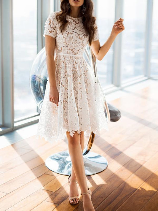 White Crochet Lace Cut Out Round Neck Short Sleeve Women Midi Dress Lace Dress Cocktail Dress