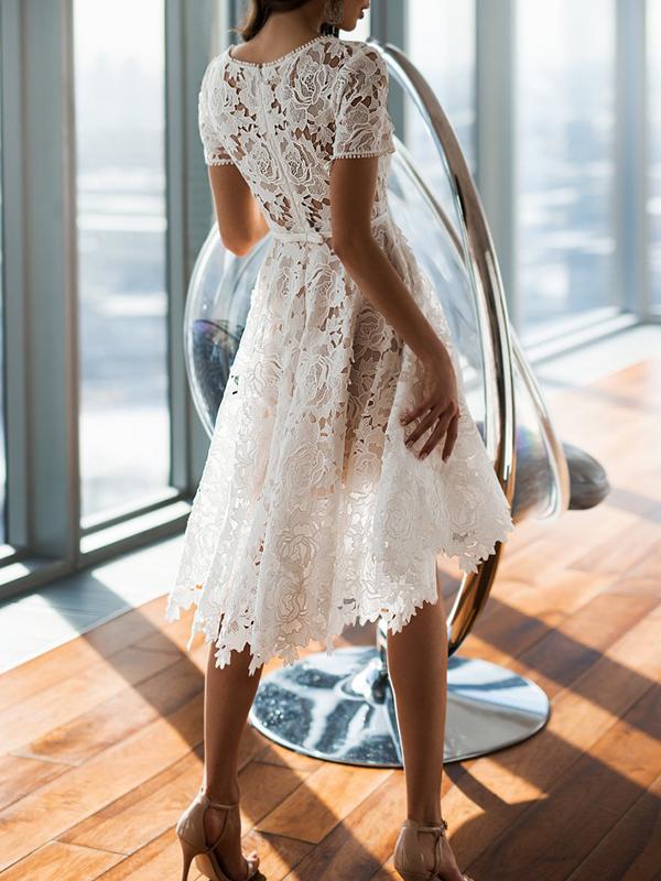 White Crochet Lace Cut Out Round Neck Short Sleeve Women Midi Dress Lace Dress Cocktail Dress