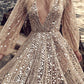 Golden glitter deep v-neck long sleeve a-line mini dresses women sequin dress