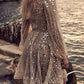 Golden glitter deep v-neck long sleeve a-line mini dresses women sequin dress