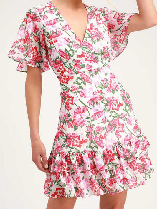 Floral Print Ruffle V Neck Short Sleeve Mini Dresses Women'S Fashion Beach Dress Summer Dress